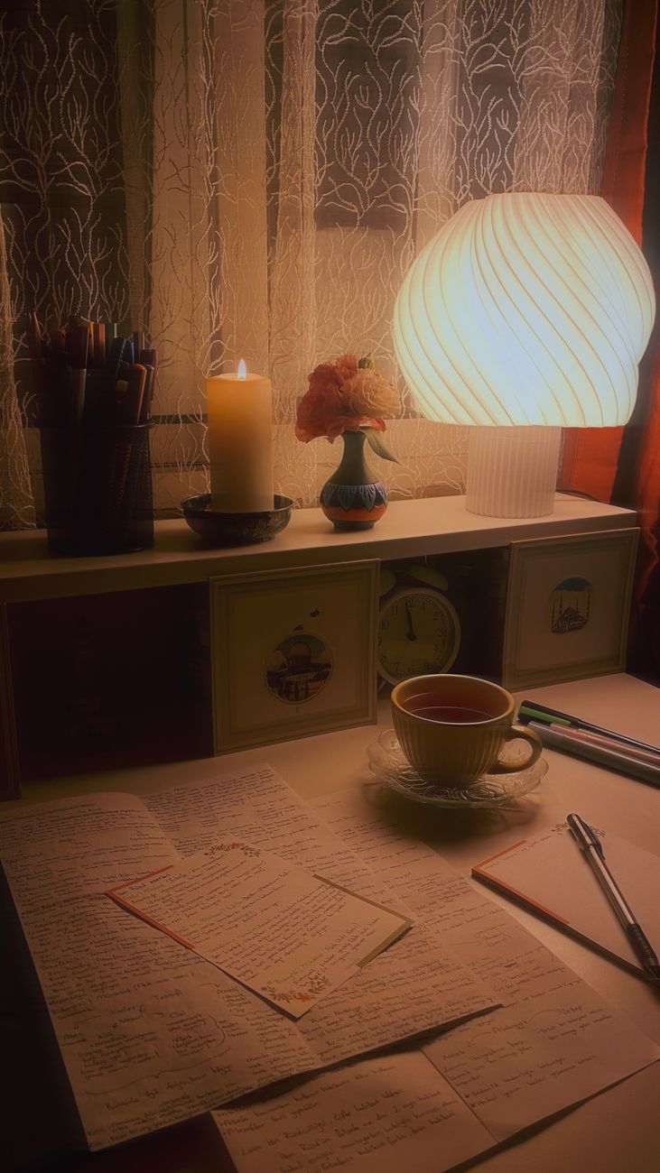 Skrivebord med lampe, lys og håndskrevne noter